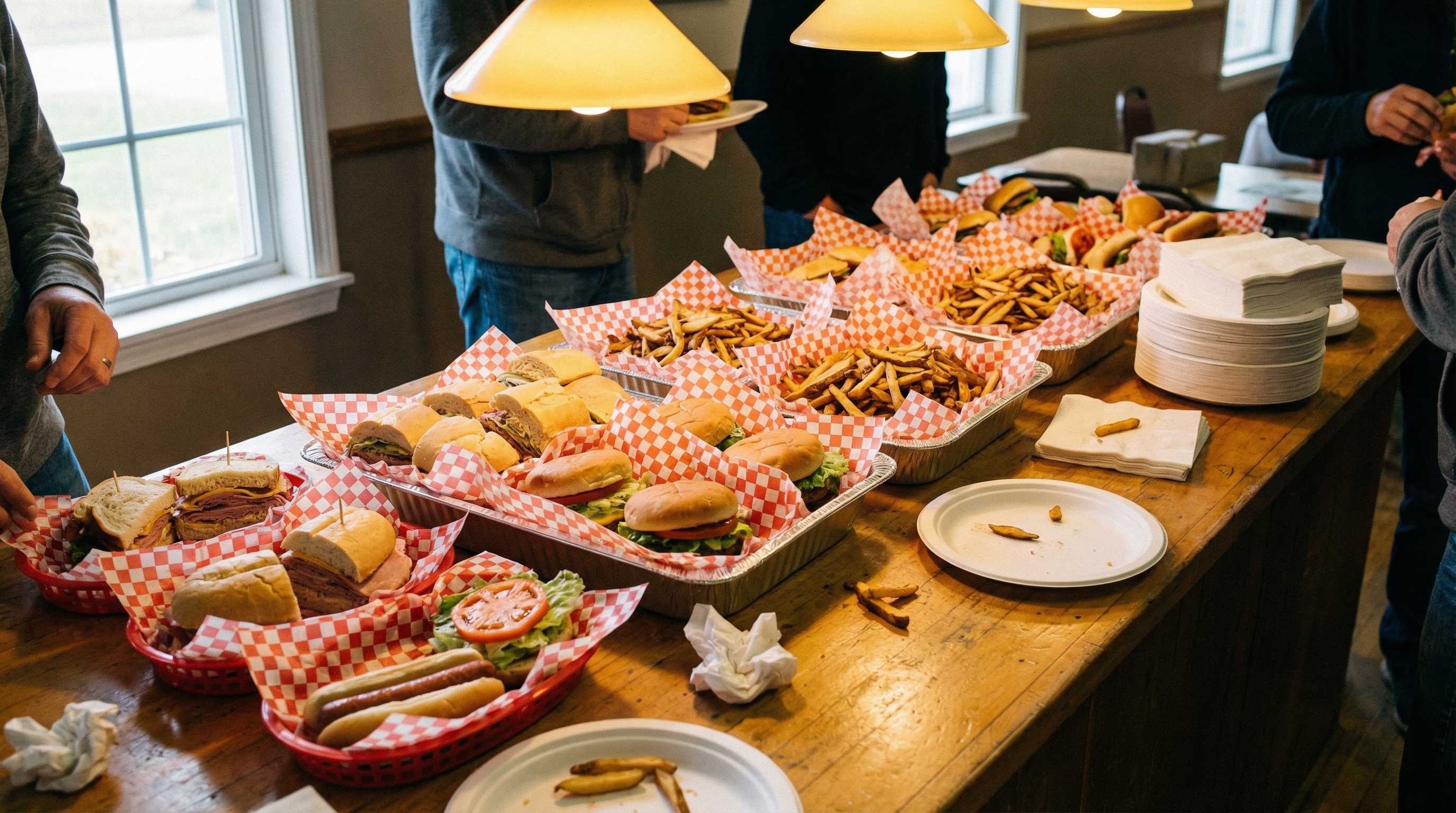 Catering spread of diner sandwiches, burgers, and fries in red and white checkered baskets set up for a group event
