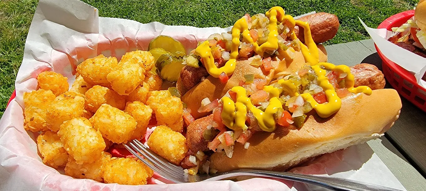 Chicago Dog with mustard, relish, and tater tots from Centreville Luncheonette